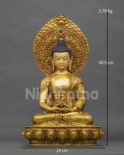 Amitabha Buddha statue front view, gold fire-gilded copper Pure Land Buddha sculpture from Nepal