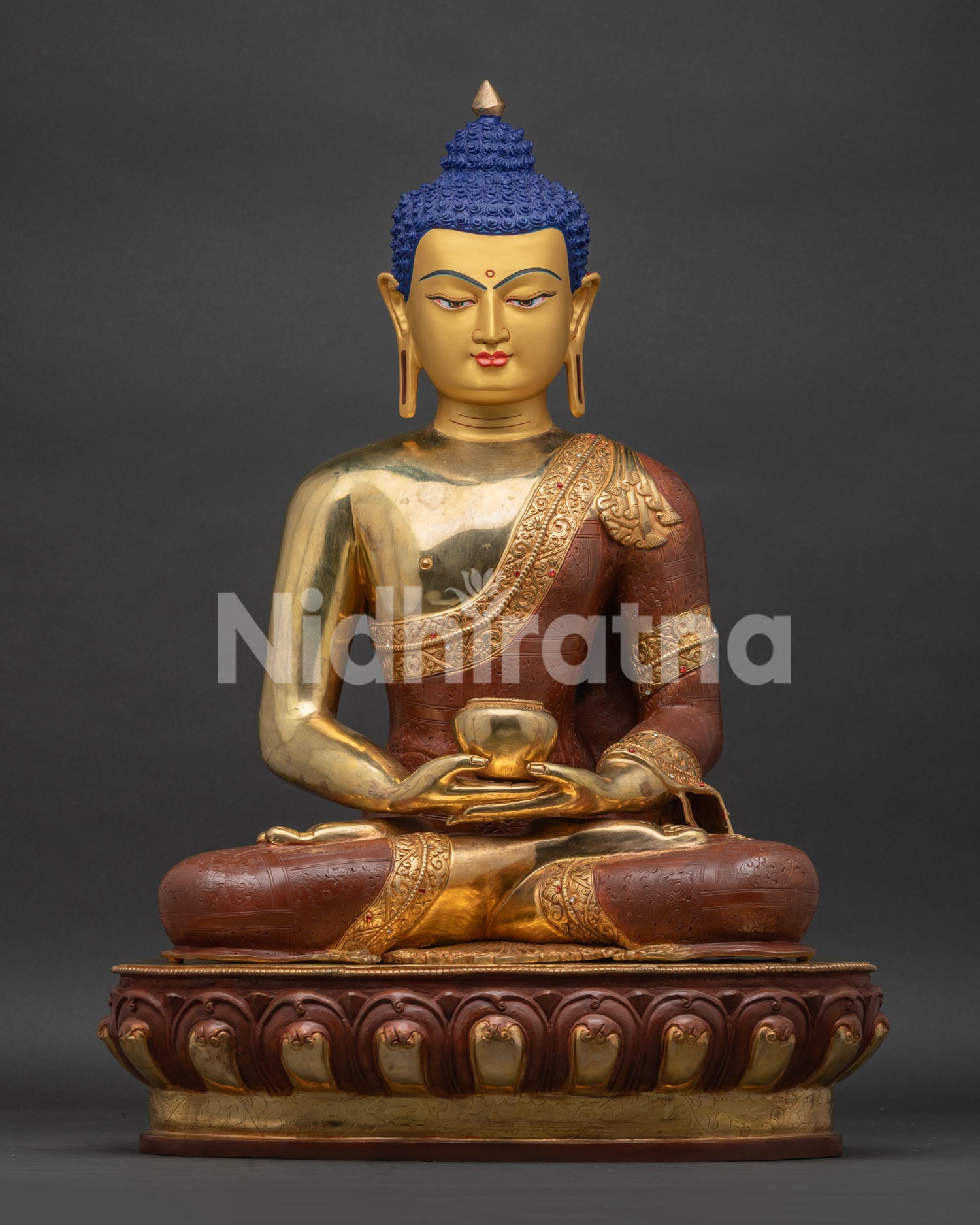 Amitabha Buddha Statue front view – gold-gilded copper, handcrafted in Nepal