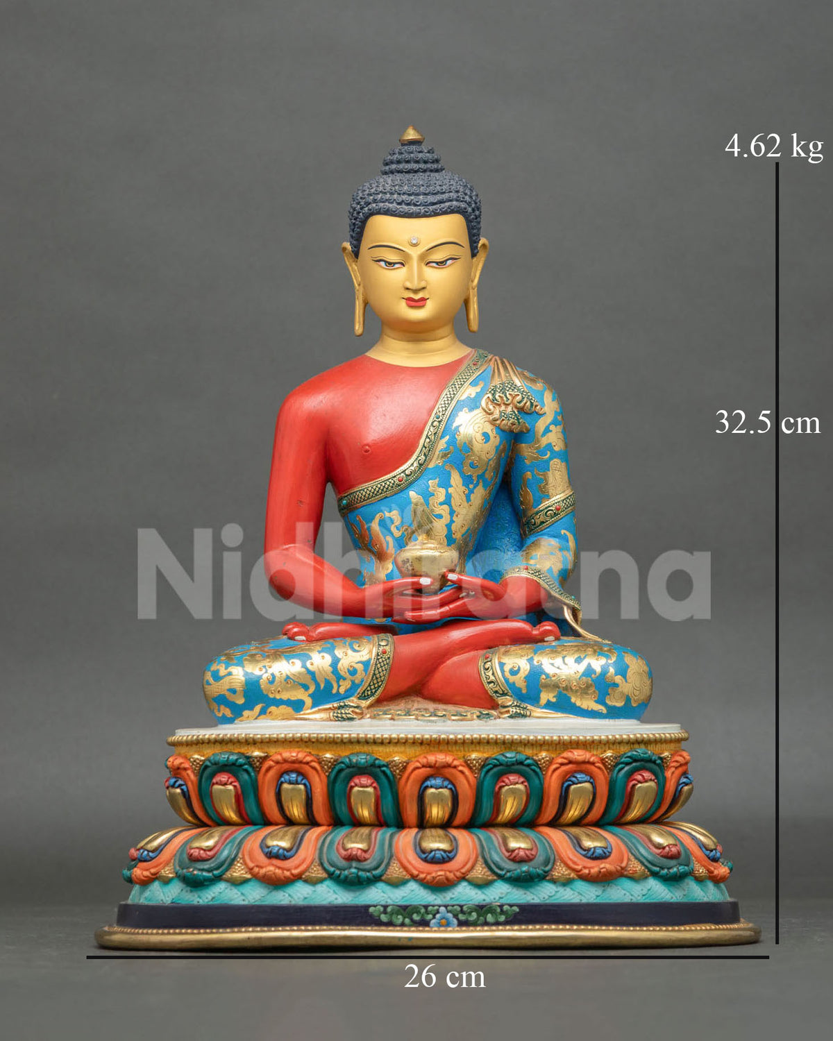 Amitabha Buddha statue front view with gold gilded copper and lotus pedestal.