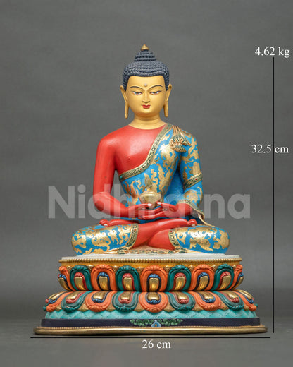 Amitabha Buddha statue front view with gold gilded copper and lotus pedestal.