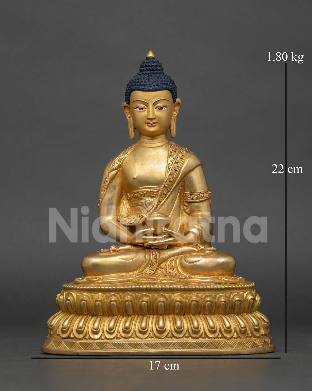Amitabha Buddha statue front view, gold gilded copper Pure Land Buddha seated on lotus throne