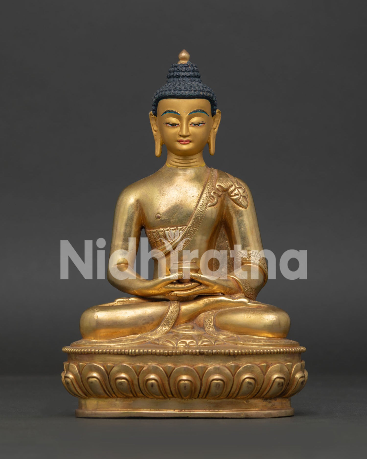 Amitabha Buddha Statue Front View Gold Gilded Copper with Gold Painted Face.