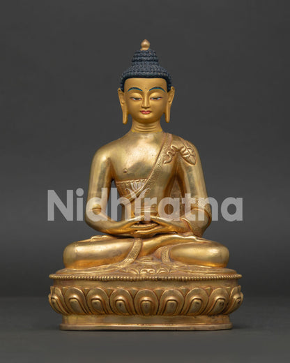 Amitabha Buddha Statue Front View Gold Gilded Copper with Gold Painted Face.