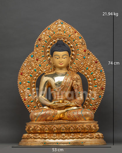 Amitabha Buddha Statue front view, gold-gilded copper with lotus pedestal and halo