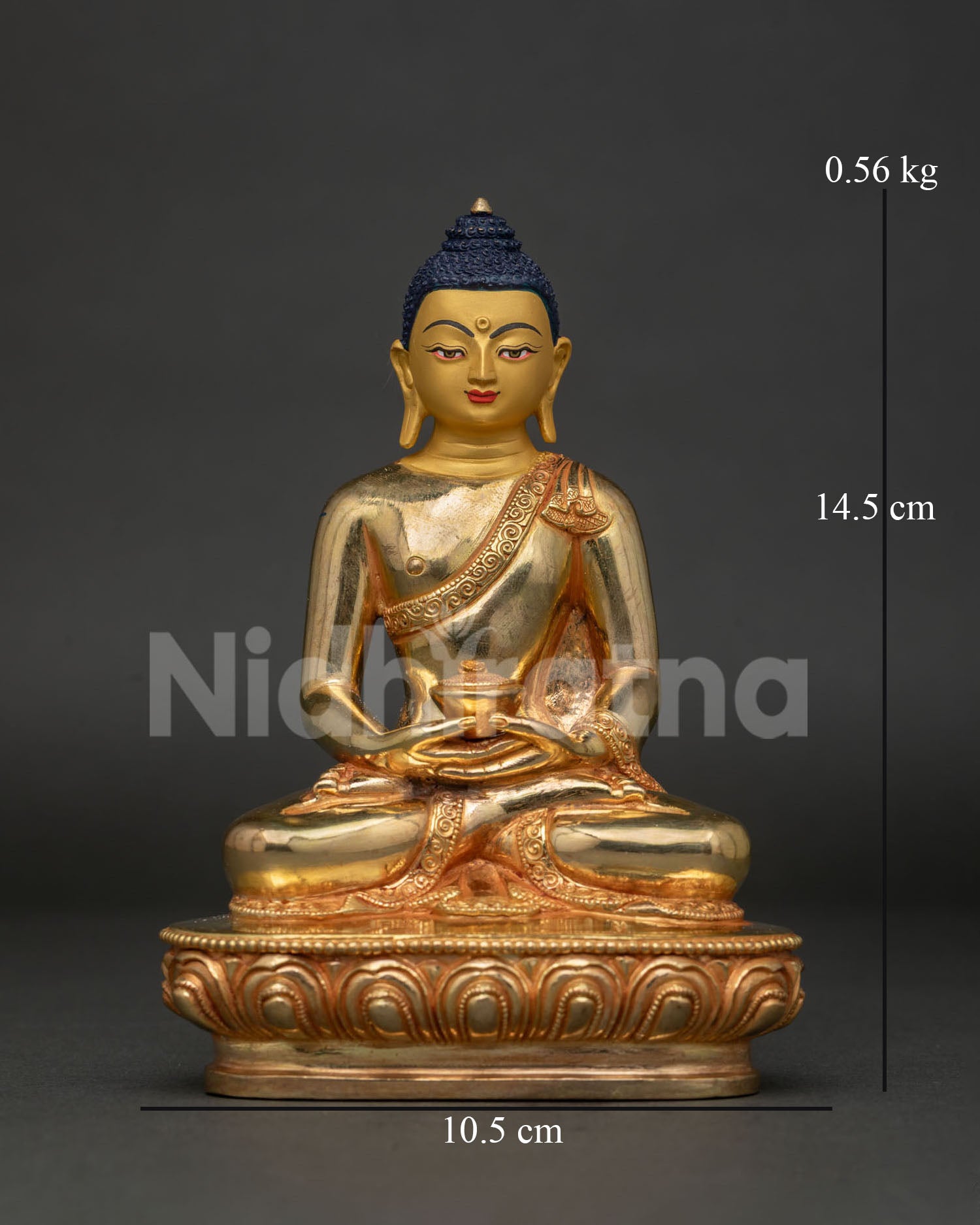 Amitabha Buddha Statue Front View Handcrafted in Patan Nepal with Gold Fire Gilding.