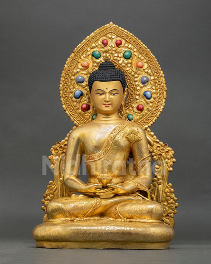 amitabha buddha statue front view with 24k gold fire gilding and copper body