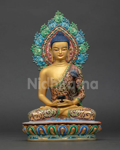 Amitabha Buddha statue front view with vibrant acrylic colors and halo