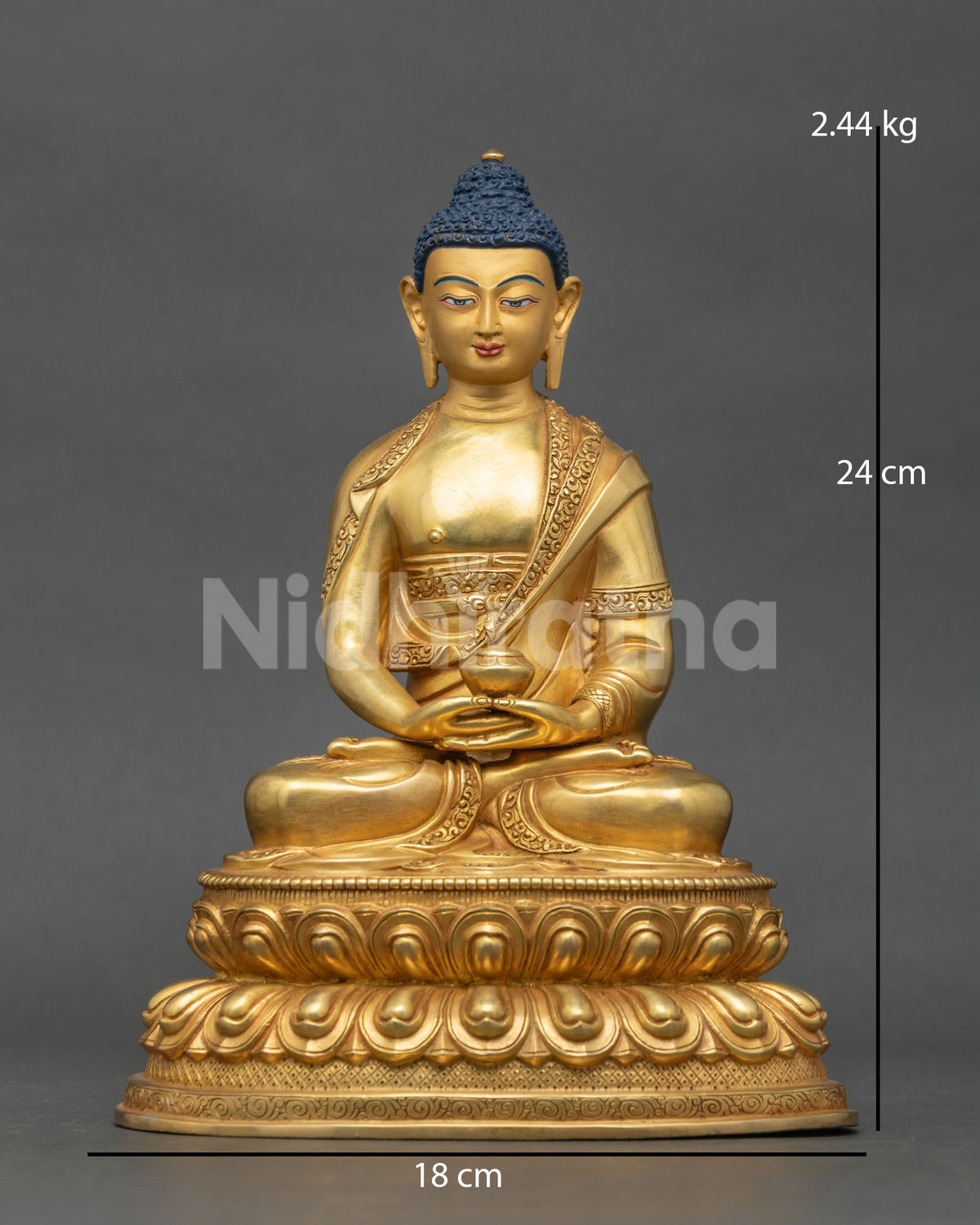 Amitabha Buddha statue gold fire gilded copper 24K gold painted face Nepal.