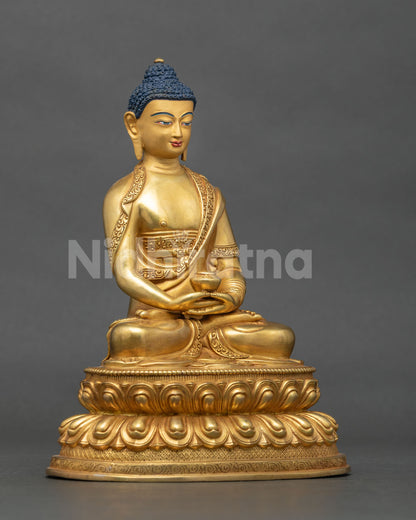 Amitabha Buddha statue hand carved double lotus pedestal Dhyana Mudra.