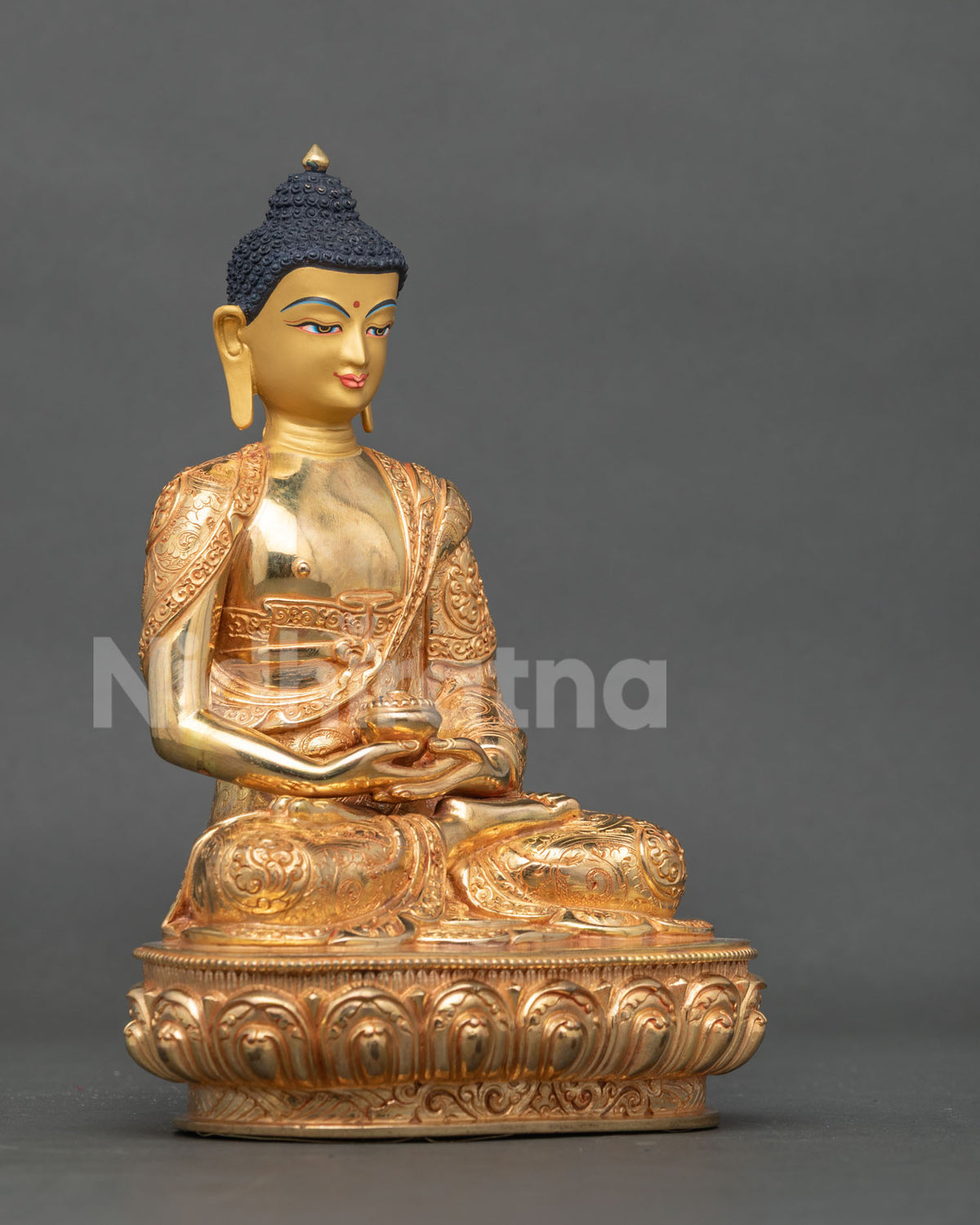 Amitabha Buddha statue hand carved floral motif monk robe.