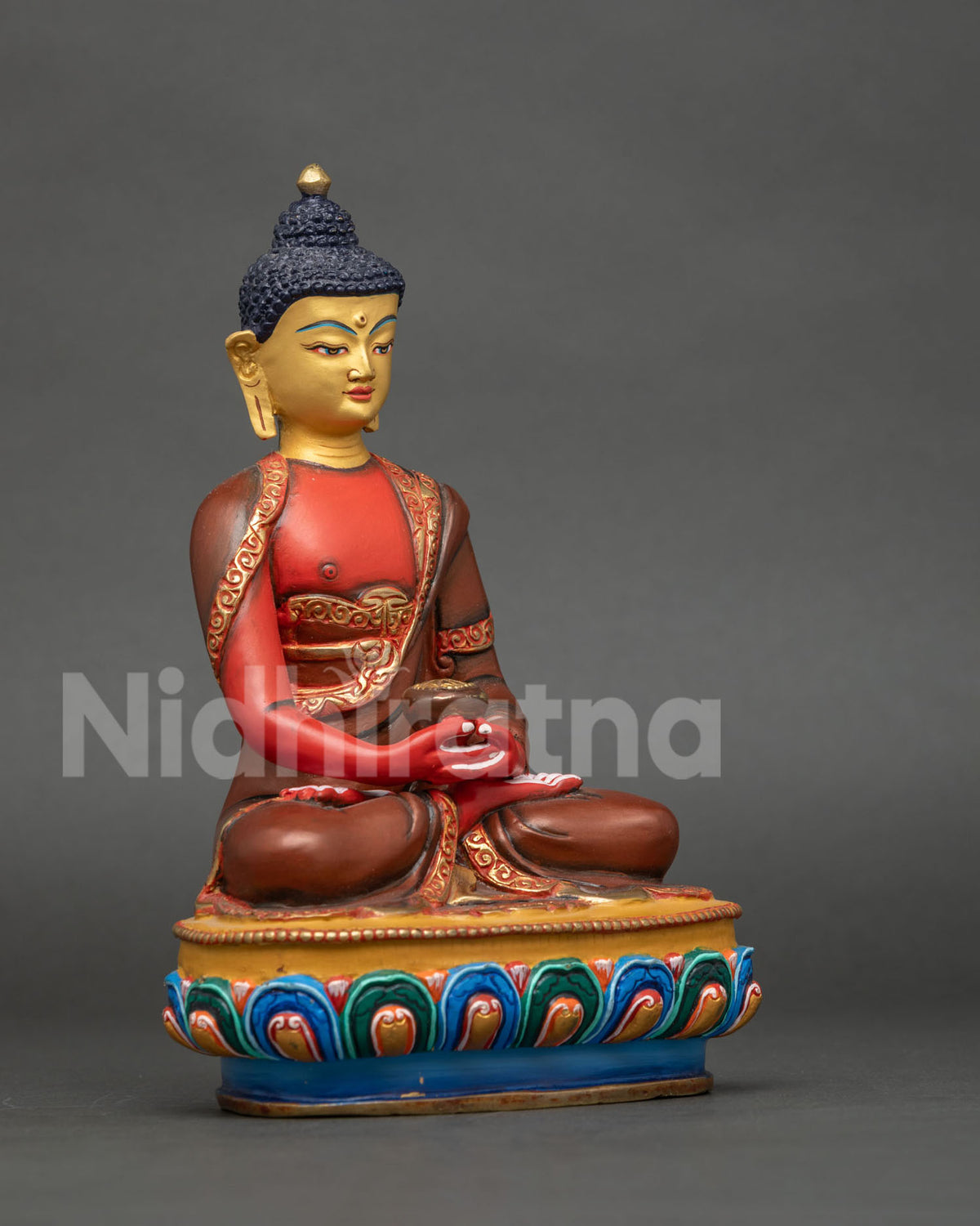 Amitabha Buddha statue hand carved monk robe floral motifs copper.