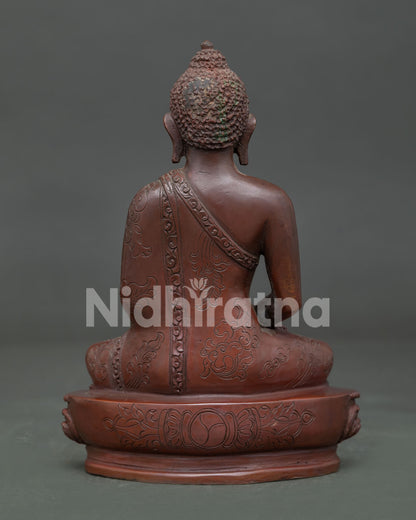 Amitabha Buddha Statue handcrafted by Newari artisans from Patan Nepal with copper oxidized finish.