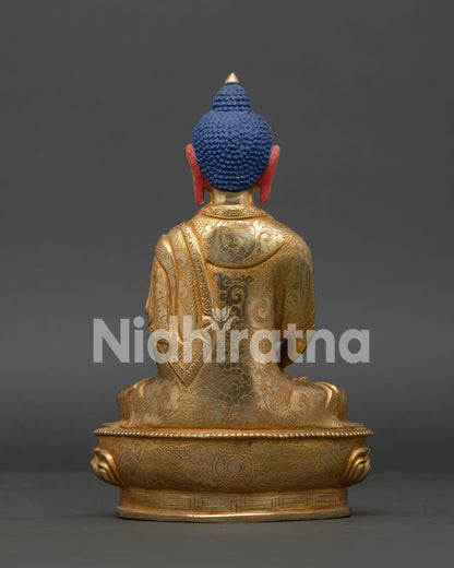 Amitabha Buddha Statue handcrafted from copper with gold gilded details in Nepal.