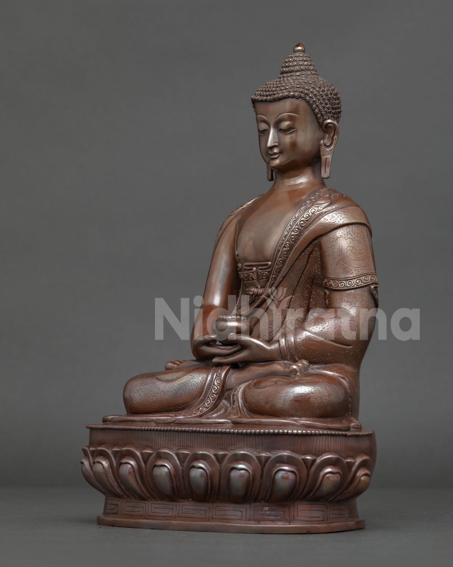 Amitabha Buddha statue handcrafted in Nepal copper lost wax oxidized finish seated on lotus throne Dhyana Mudra.
