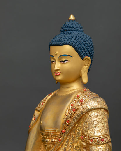 Amitabha Buddha Statue handcrafted in Nepal with 24K gold fire gilding, copper body, and semi precious stone details