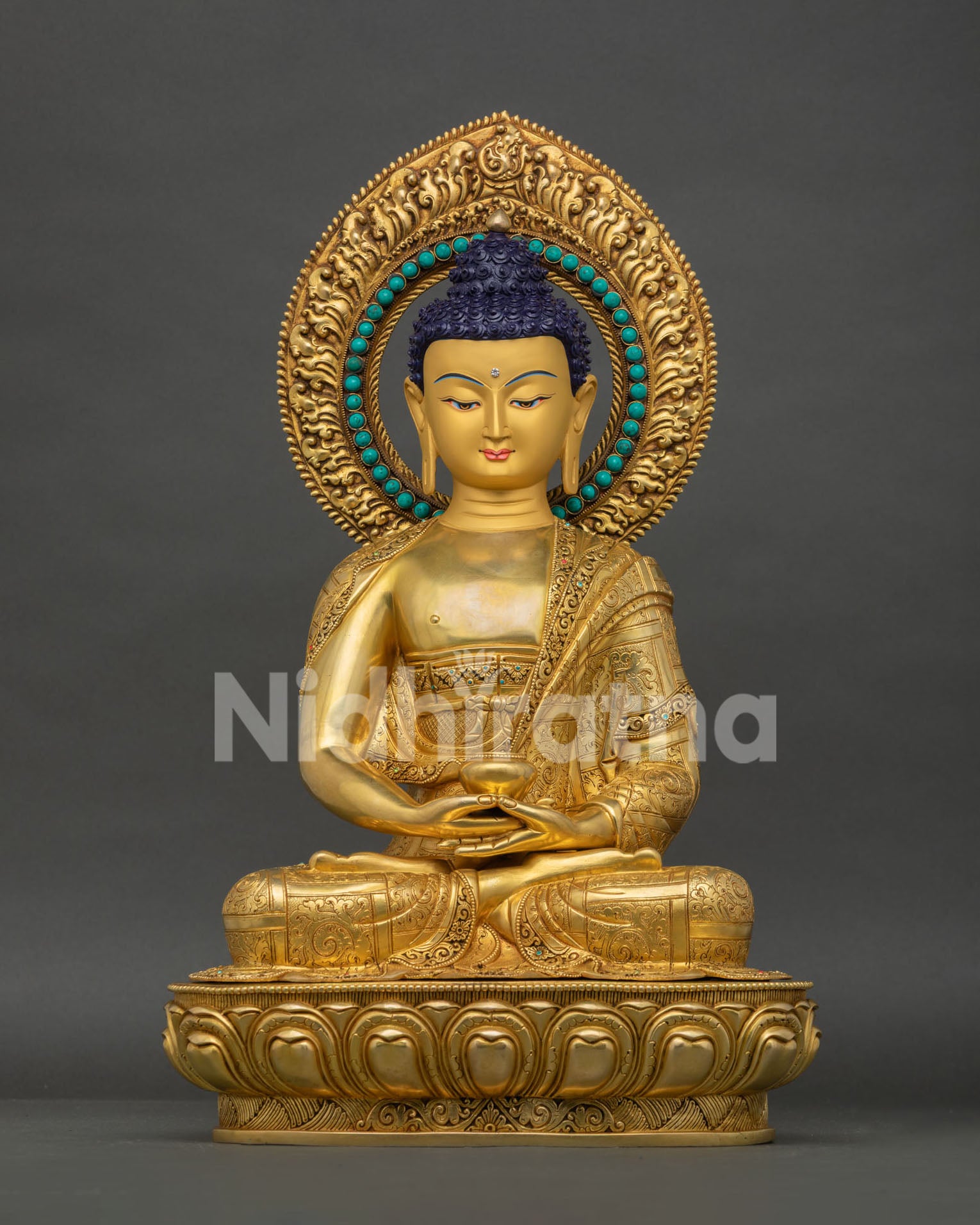 Amitabha Buddha statue, handcrafted in Nepal with three layers of gold gilding and turquoise halo