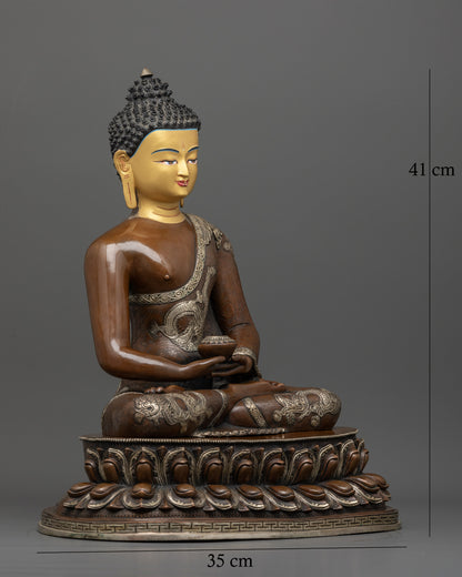 Amitabha Buddha statue holding alms bowl on double lotus pedestal.