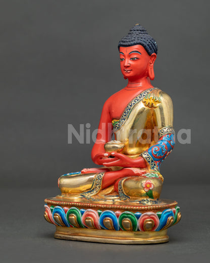 Amitabha Buddha statue holding begging bowl Dhyana Mudra copper.