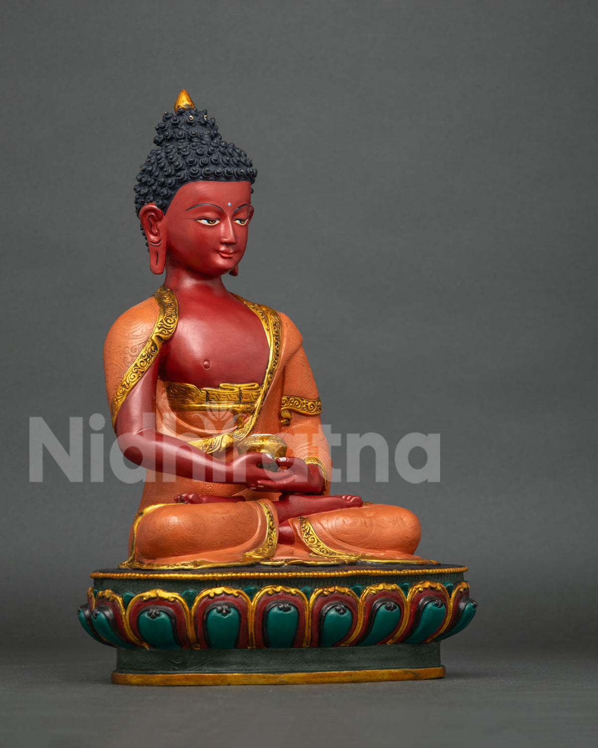 Amitabha Buddha statue in Dhyana Mudra holding begging bowl.
