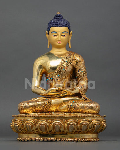 Amitabha Buddha statue in meditation posture, copper with gold fire gilding
