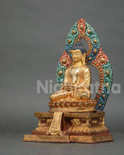 Amitabha Buddha Statue with Intricate Aureole and Elephant Carvings