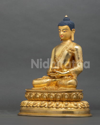 Amitabha Buddha Statue left side view double lotus pedestal and robe details.