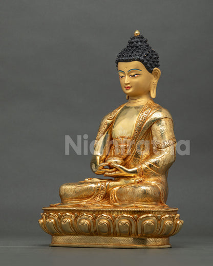Amitabha Buddha statue left side view floral motif monastic robe.