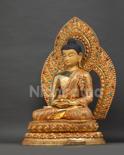 Amitabha Buddha Statue left side view, hand-inlaid turquoise and coral