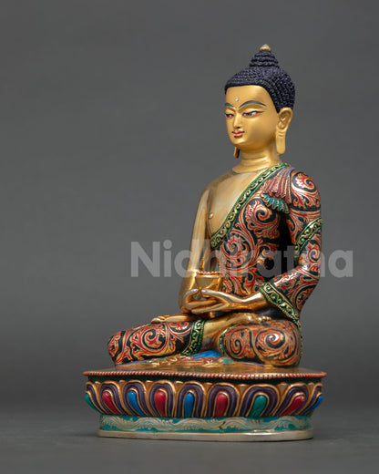 amitabha buddha statue left view side, copper gilded body, floral robe detailing nepal