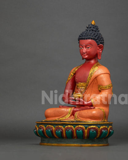 Amitabha Buddha statue on multicolor lotus pedestal with floral robe.