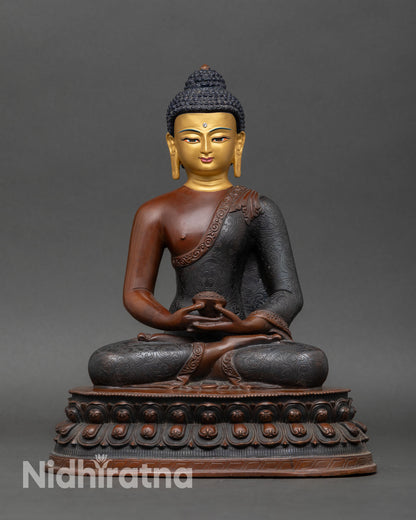Amitabha Buddha statue oxidized copper gold painted face handmade Nepal lost wax casting
