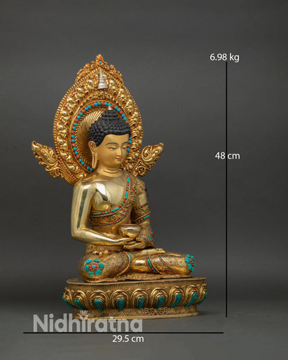 amitabha buddha statue right side view, copper gold gilded buddhist art nepal
