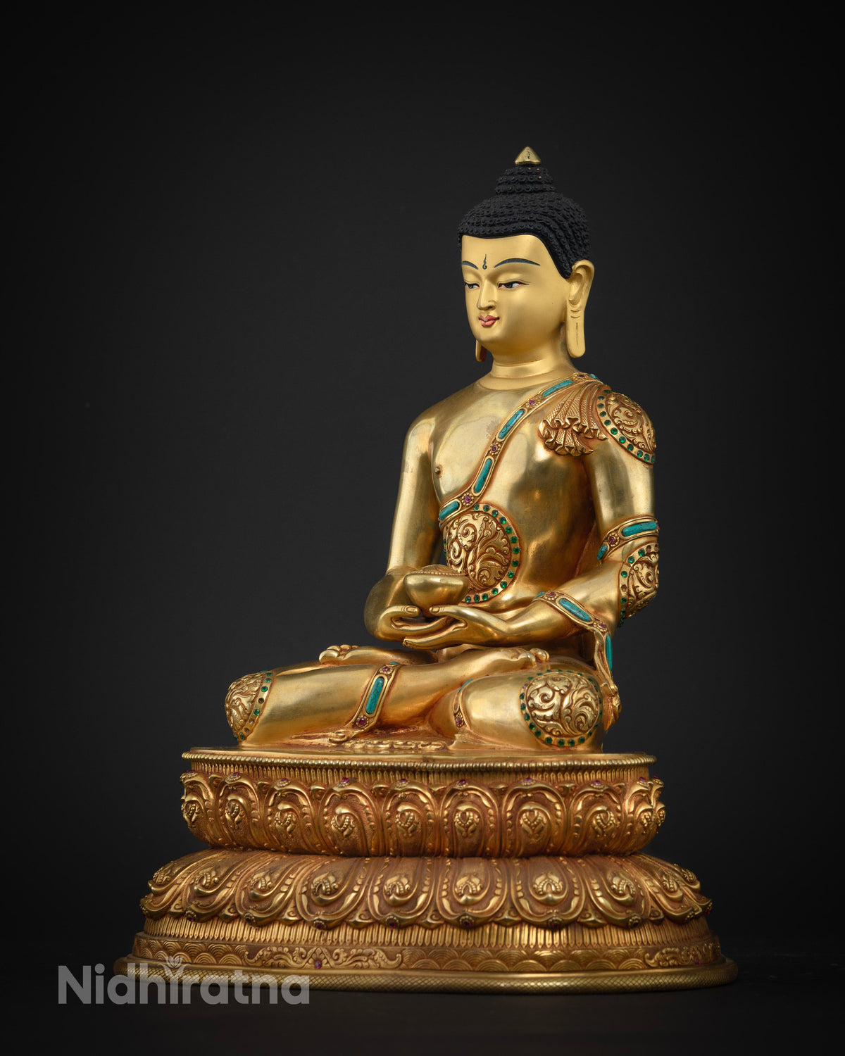 Right side view of Amitabha Buddha statue, gold fire-gilded copper sculpture
