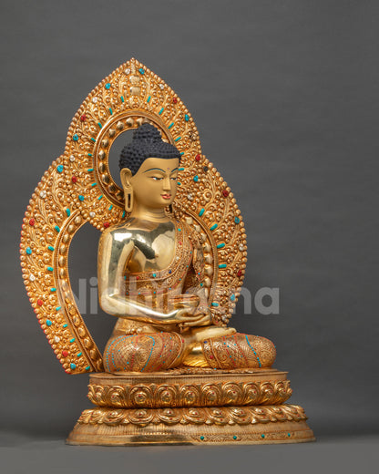 Amitabha Buddha Statue right side view, gold fire-gilded copper sculpture