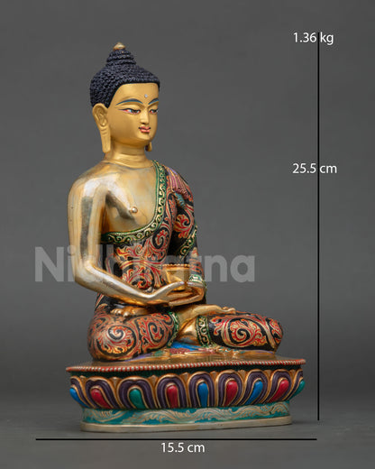 amitabha buddha statue right view side, seated dhyana mudra, multicolor lotus throne