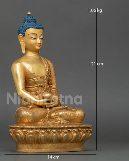 Amitabha Buddha statue seated lotus throne serene meditation posture Dhyana Mudra copper gold gilded Himalayan Buddhist altar sculpture Nepal