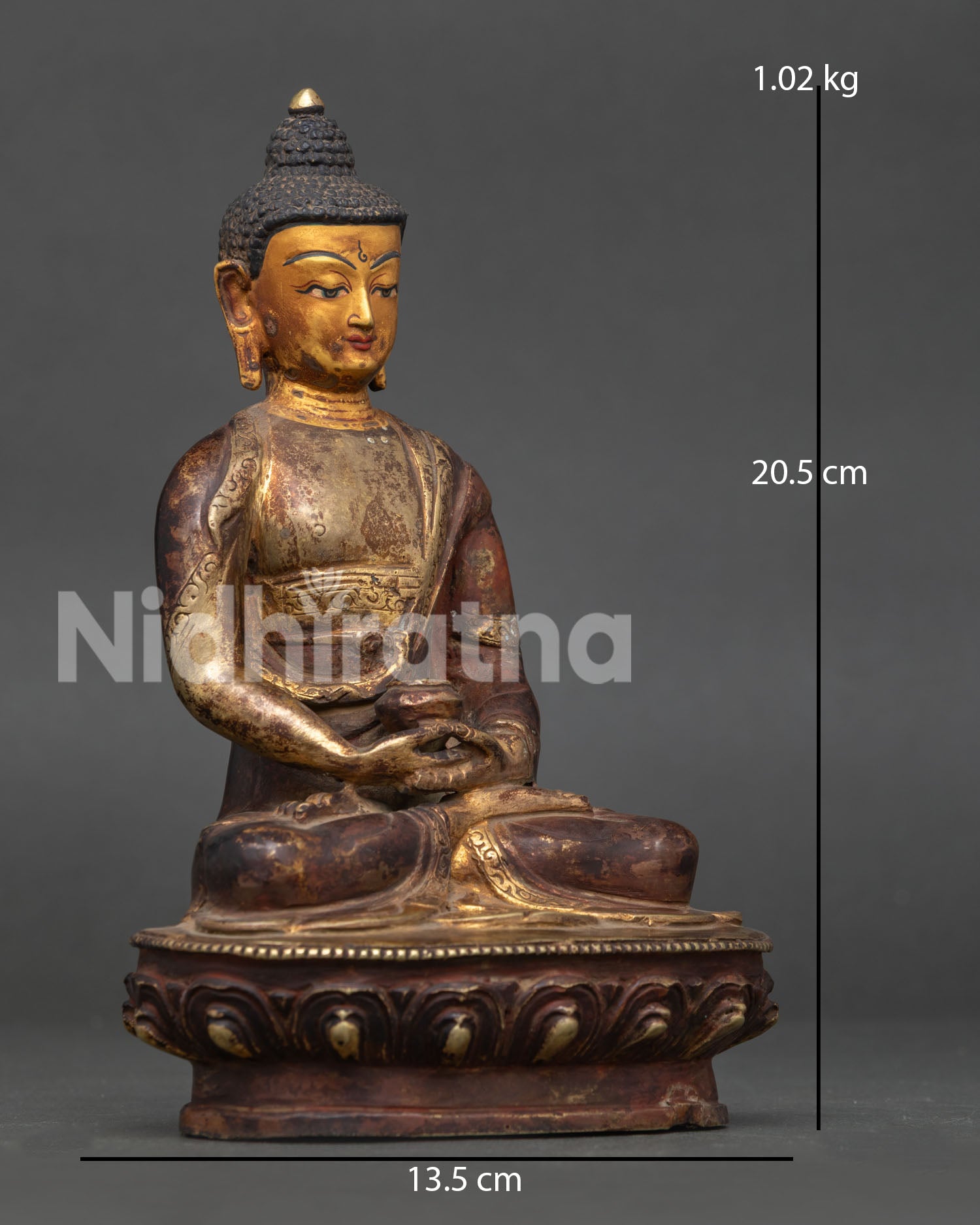 Amitabha Buddha statue seated on handcarved lotus pedestal holding alms bowl Nepalese Buddhist sculpture.