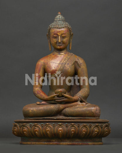 Amitabha Buddha statue seated on handcarved lotus pedestal with oxidized copper finish handcrafted by Newari artisans Nepal.