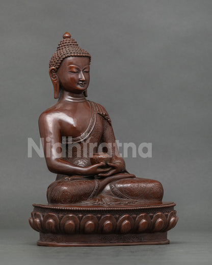 Amitabha Buddha statue seated on handcarved lotus pedestal.