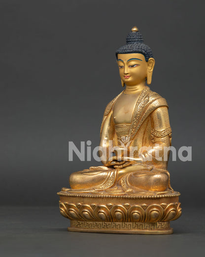 Amitabha Buddha statue showing Dhyana Mudra Patra and floral robe carving.