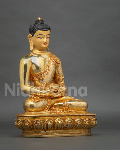 Amitabha Buddha Statue showing the Dhyana Mudra, sacred alms bowl, and intricate traditional Nepalese Buddhist craftsmanship.