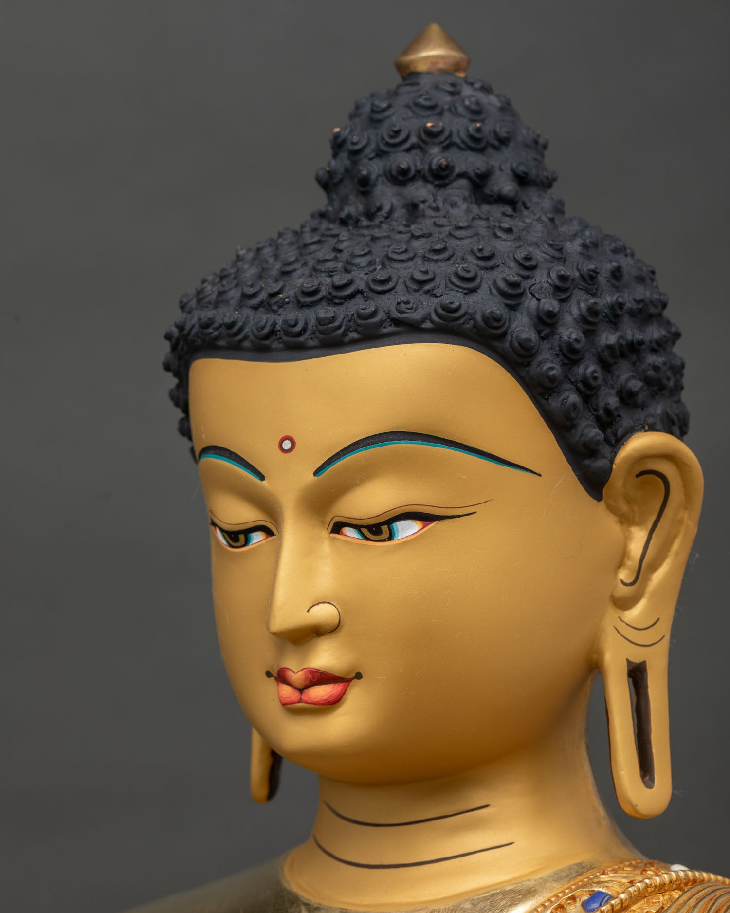Amitabha Buddha Statue side profile face close-up with aureole detail