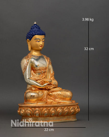 Amitabha Buddha statue side view flowing robes engraved floral scroll patterns gold gilded copper Nepal handmade art