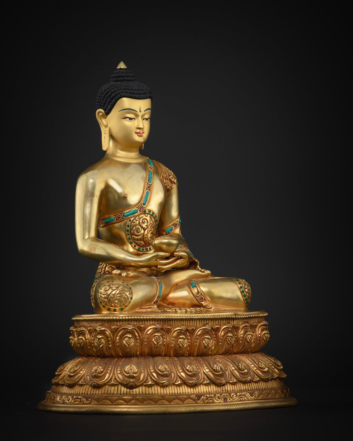 side view of Amitabha Buddha statue, gold fire-gilded copper sculpture