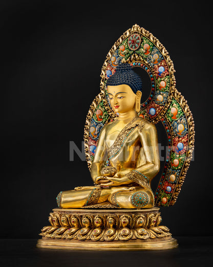 Amitabha Buddha statue side view, hand-painted floral halo, double lotus pedestal, gold copper Nepal