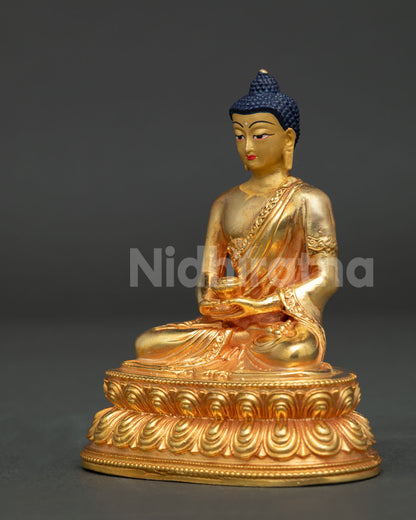 Amitabha Buddha statue side view showing Dhyana Mudra, ornate robe and lotus pedestal.