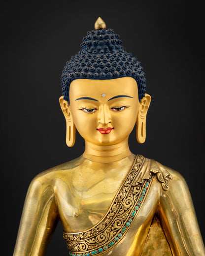 Amitabha Buddha statue upper body, patterned monastic robe, turquoise inlay, Newari crafted, Nepal