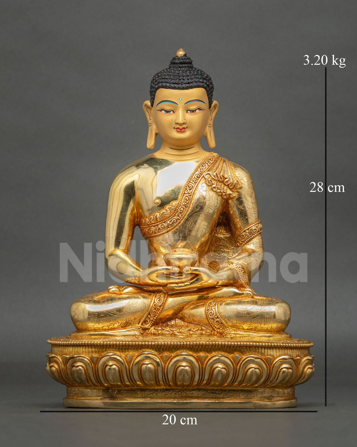 Amitabha Buddha Statue with gold fire-gilding seated in Dhyana Mudra holding a sacred alms bowl, symbolizing infinite light and compassion.