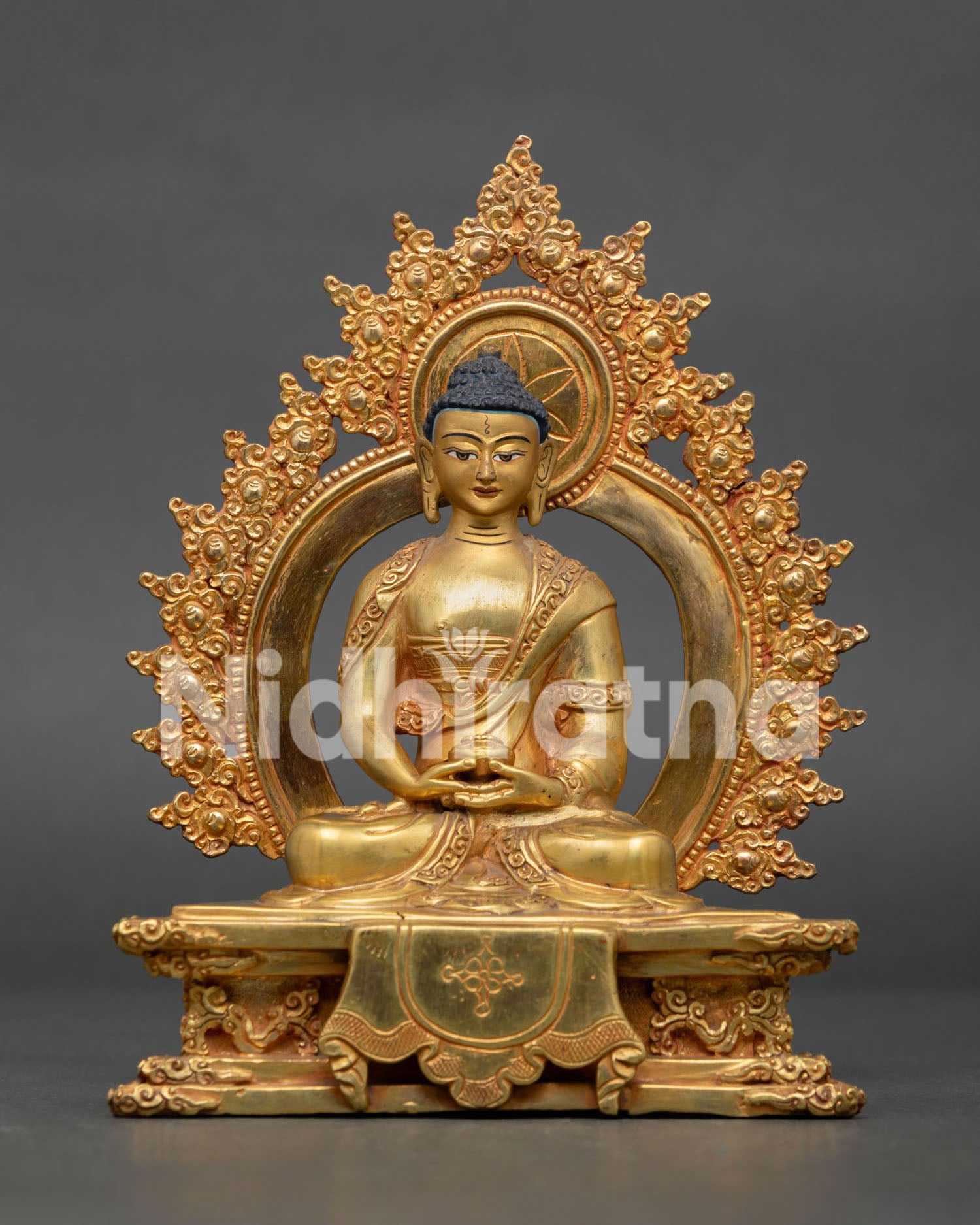 Amitabha Buddha statue with gold gilded body gold painted face and alms bowl handmade in Nepal.