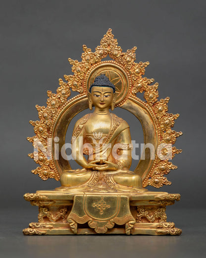 Amitabha Buddha statue with gold gilded body gold painted face and alms bowl handmade in Nepal.